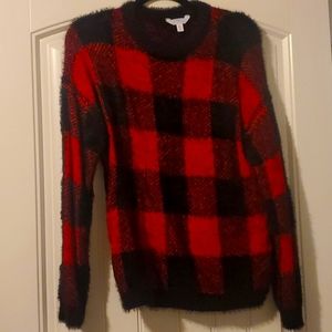 Fuzzy plaid knit sweater